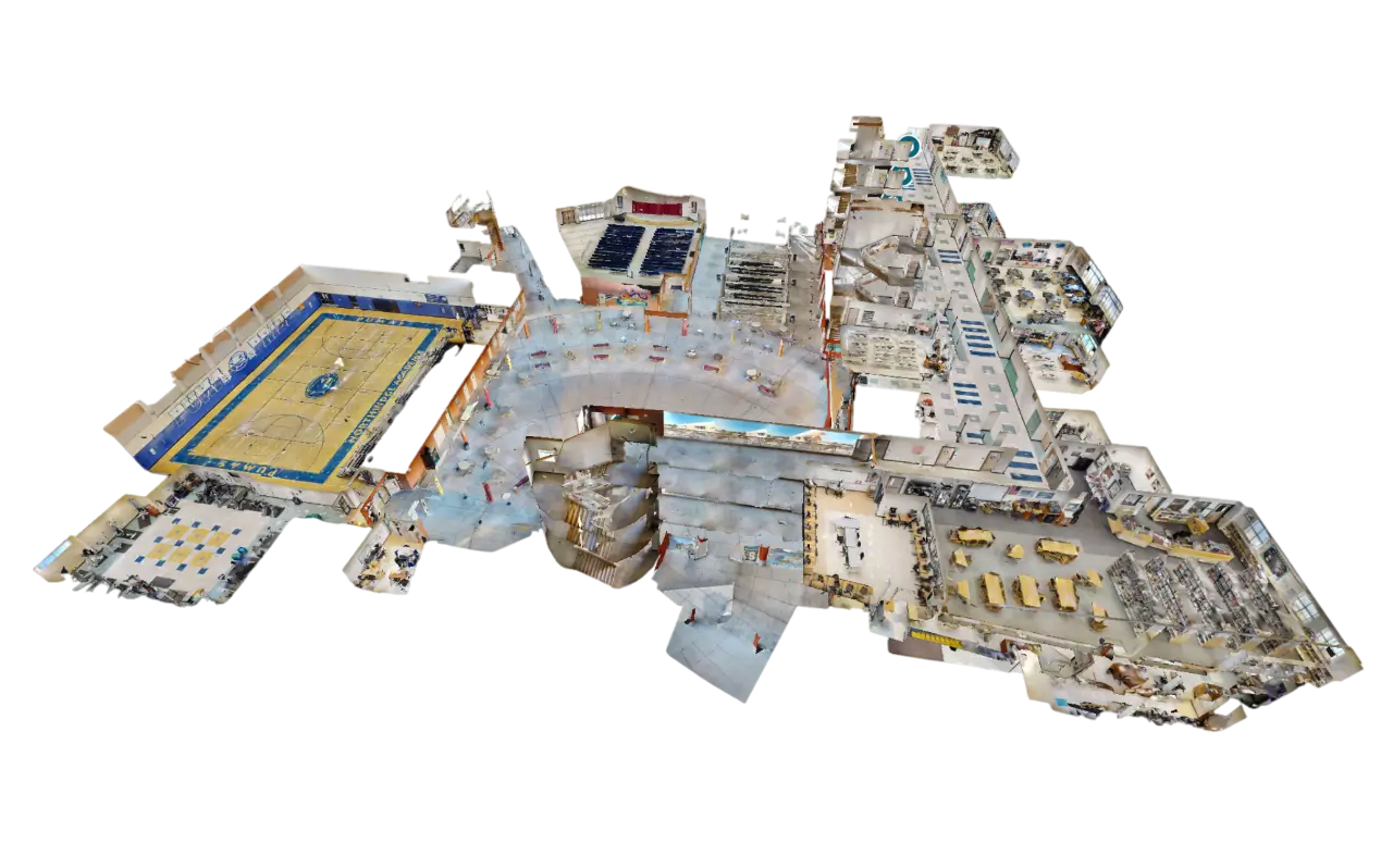3D virtual tour model showing a cutaway floor plan of a large indoor facility with rooms and hallways, used for virtual navigation
